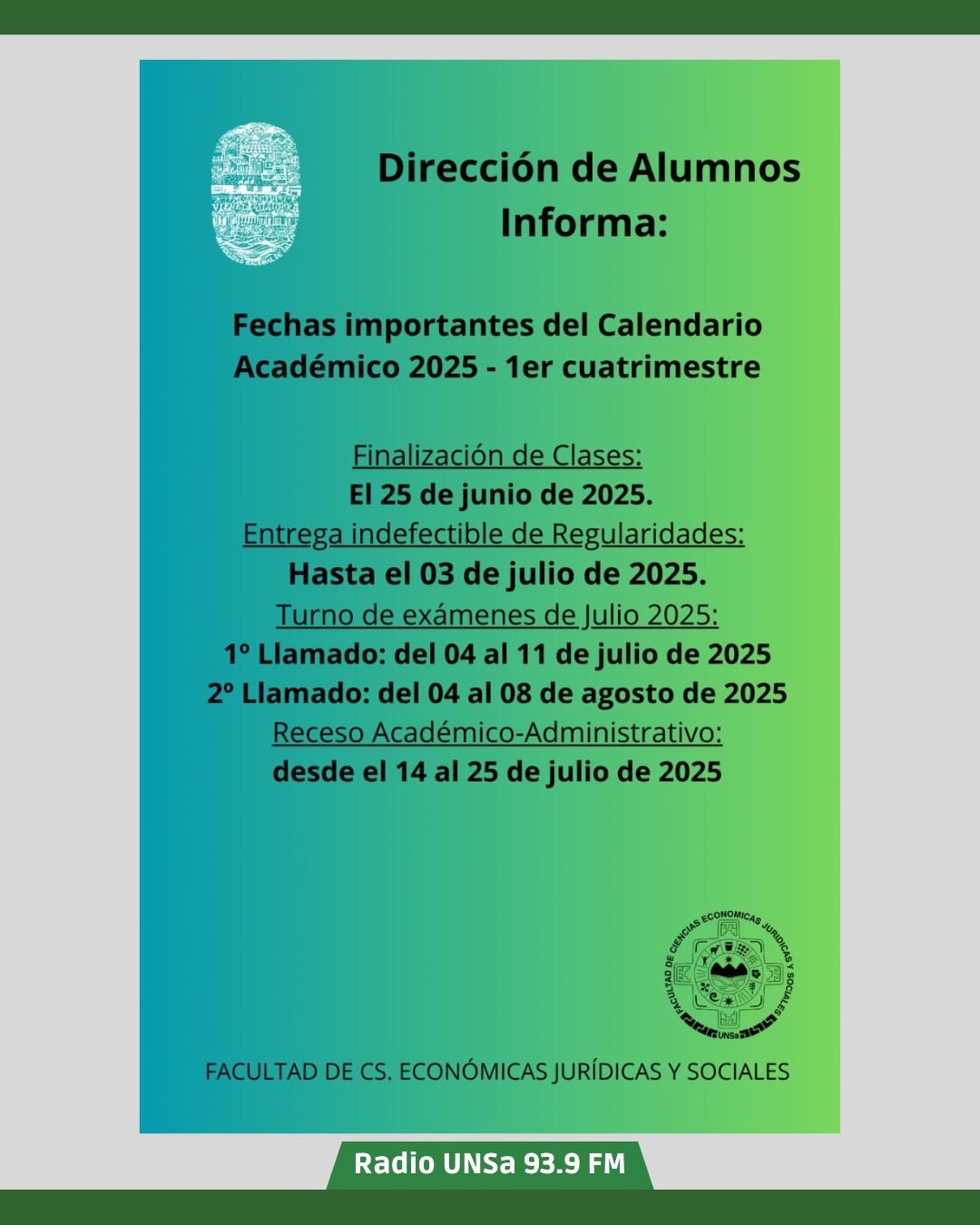 Fechas importantes del calendario académico 2025